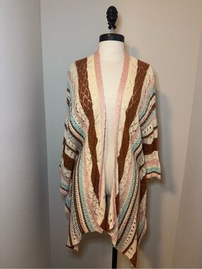 Umgee Striped Open-Front Knit Cardigan Sweater - Cream, Brown & Pink